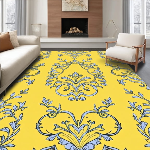 ODIKA 4x6 Machine Washable Non-Slip Area Rug, Vintage Damask Flourishes Victorian Ornamental Scrollwork Elegance High Traffic Rug, Yellow, 538980
