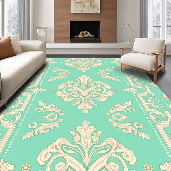 ODIKA 4'x6' Machine Washable Non-Slip Area Rug, Vintage Damask Motif Classic Textile with Elegant Scrollwork High Traffic Rug, Teal, 463504