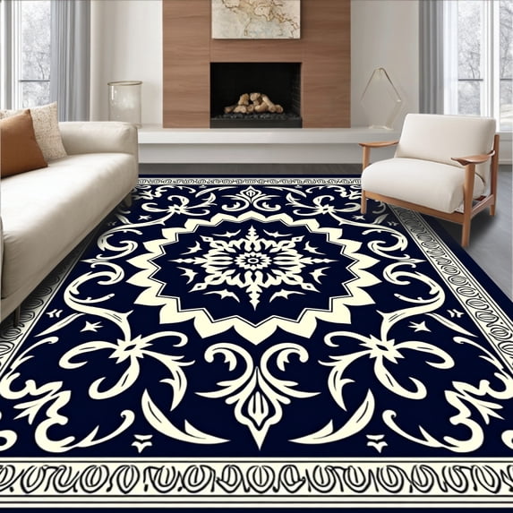 ODIKA 4'x6' Machine Washable Non-Slip Area Rug, Vintage Damask Print Pile with Classic Baroque Details High Traffic Rug, Blue, 529552