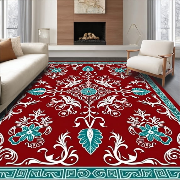 ODIKA 4'x6' Machine Washable Non-Slip Area Rug, Vintage Damask Ruby & Teal Ornamentation High Traffic Rug with Pad, Red, 384563
