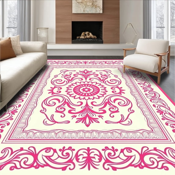 ODIKA 4'x6' Machine Washable Non-Slip Area Rug, Vintage Damask Scroll Design with Ornate Baroque High Traffic Rug, Pink, 447651