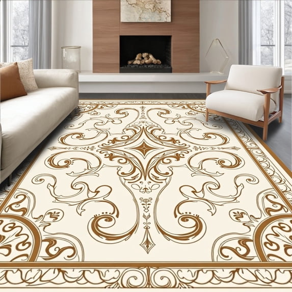 ODIKA 4'x6' Machine Washable Non-Slip Area Rug, Vintage Damask Scrollwork Boho Style Floor Art High Traffic Rug, Ivory, 471964