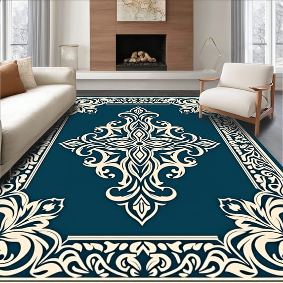 ODIKA 4'x6' Machine Washable Non-Slip Area Rug, Vintage Damask Scrollwork with Ornamental Details High Traffic Rug with Pad, Beige, 475120