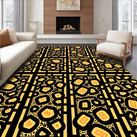 ODIKA 4'x6' Machine Washable Non-Slip Area Rug, Vintage Filmstrip Medley Featuring Ticket Stubs and Popcorn Sprinkles High Traffic Rug, Black, 543668