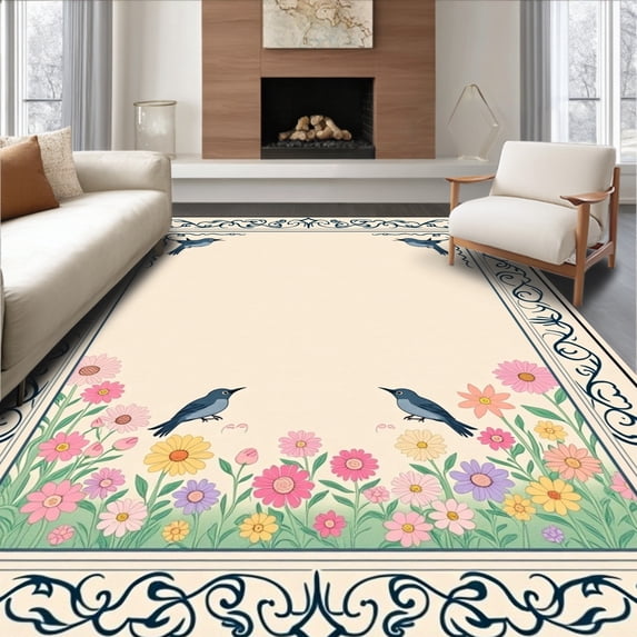 ODIKA 4'x6' Machine Washable Non-Slip Area Rug, Vintage Garden Birdsong Tufted Entrance Medallion Decorative High Traffic Rug with Pad, Beige, 581455