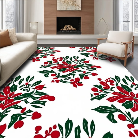 ODIKA 4'x6' Machine Washable Non-Slip Area Rug, Vintage Holly Wreath Medallion Non Slip High Traffic Rug, Red, 506884