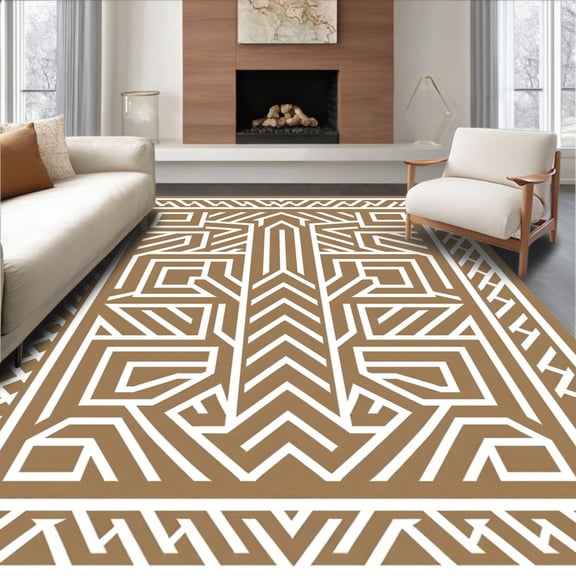 ODIKA 4'x6' Machine Washable Non-Slip Area Rug, Vintage Inspired Maze Labyrinth Zigzag Framework High Traffic Rug, Brown, 581832