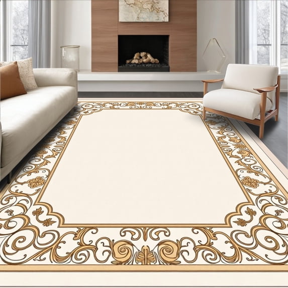 ODIKA 4'x6' Machine Washable Non-Slip Area Rug, Vintage Inspired Ornate Motif with Delicate Scrollwork High Traffic Rug, Beige, 466288