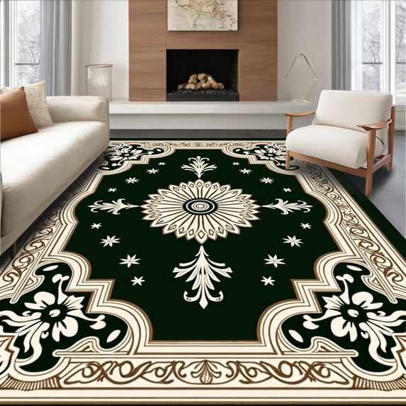 ODIKA 4'x6' Machine Washable Non-Slip Area Rug, Vintage Medallion Doormat with Intricate Border Design High Traffic Rug with Pad, Green, 600549