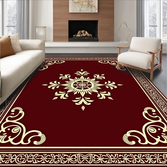ODIKA 4'x6' Machine Washable Non-Slip Area Rug, Vintage Ornament Medallion Shower with Gilded Baroque Details High Traffic Rug with Pad, Red, 651541