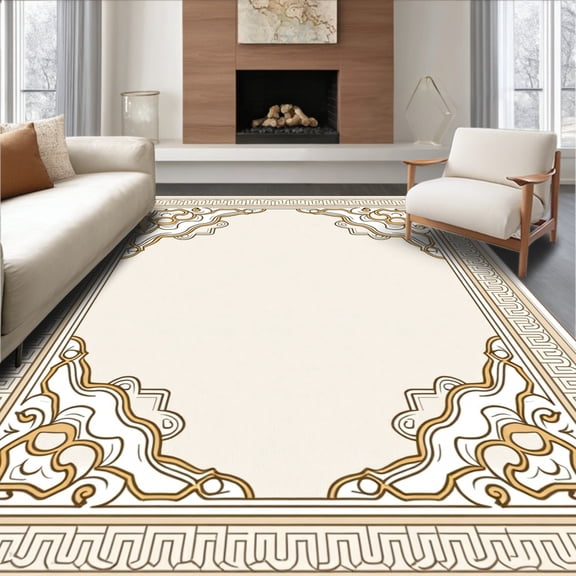 ODIKA 4'x6' Machine Washable Non-Slip Area Rug, Vintage Ornamental Interlacing Curved Labyrinth High Traffic Rug, Beige, 462116