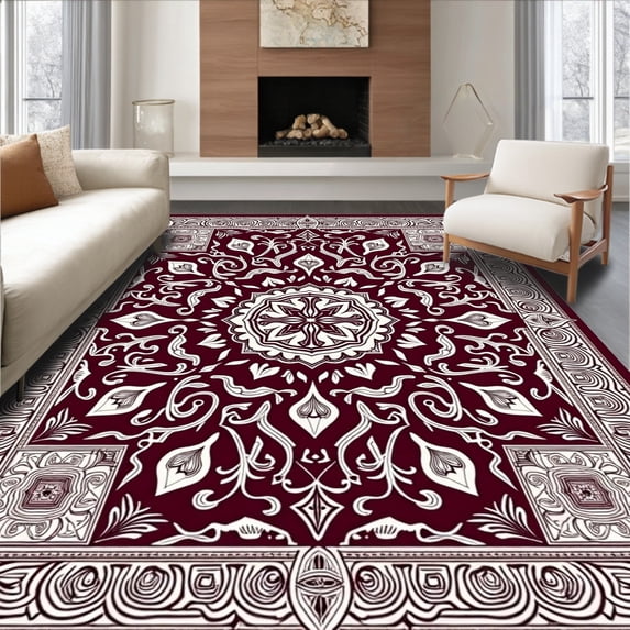 ODIKA 4'x6' Machine Washable Non-Slip Area Rug, Vintage Paisley Motif with Elegant Swirling Vine High Traffic Rug, Red, 665884