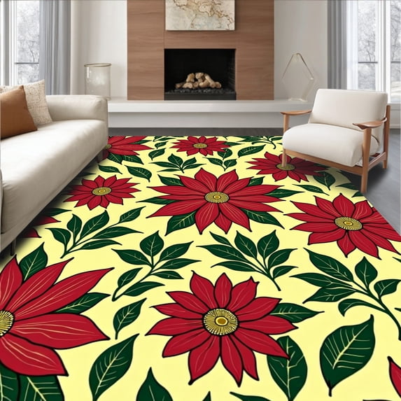 ODIKA 4'x6' Machine Washable Non-Slip Area Rug, Vintage Poinsettia Bloom Holiday Trio High Traffic Rug with Pad, Yellow, 620866