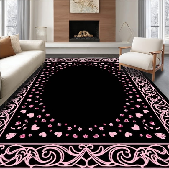 ODIKA 4'x6' Machine Washable Non-Slip Area Rug, Vintage Romantic Filigree with Cascading Confetti High Traffic Rug with Pad, Black, 631519
