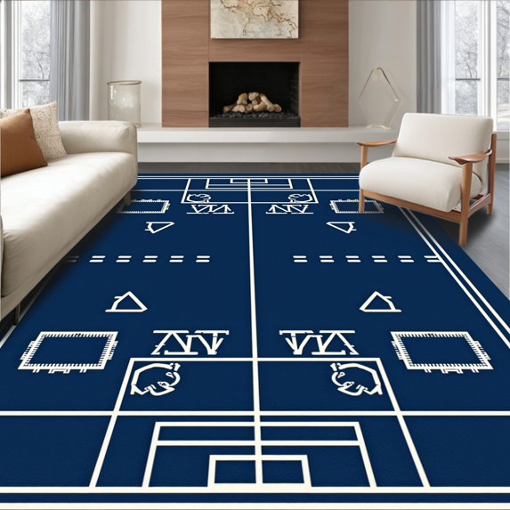 ODIKA 4'x6' Machine Washable Non-Slip Area Rug, Vintage Stadium Blueprint Design Sports Fan with Architectural Lines High Traffic Rug, Blue, 670077