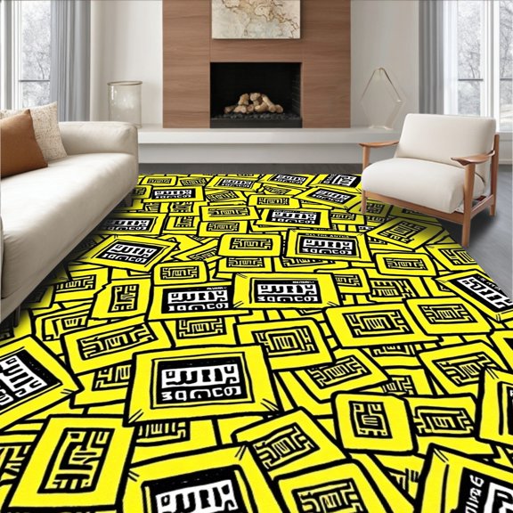 ODIKA 4'x6' Machine Washable Non-Slip Area Rug, Vintage Stadium Interlocking Ticket with Bold Lettering Motif High Traffic Rug, Yellow, 669546