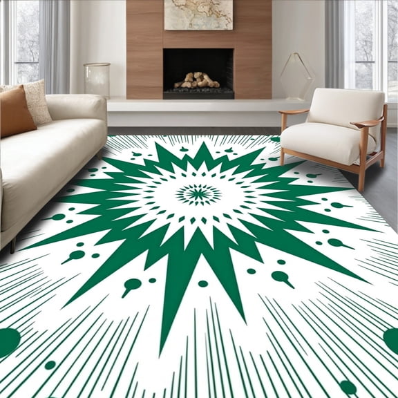 ODIKA 4x6 Machine Washable Non-Slip Area Rug, Vintage Starburst Atomic Splatter Retro Dashed Spiral Blueprint High Traffic Rug, Green, 564378