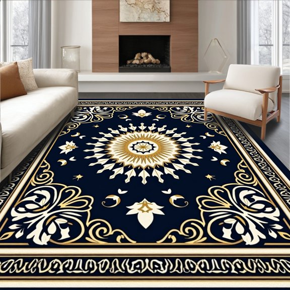 ODIKA 4x6 Machine Washable Non-Slip Area Rug, Vintage Sunburst Mosaic with Ornate Filigree and Botanical Embellishments High Traffic Rug, Navy, 390486