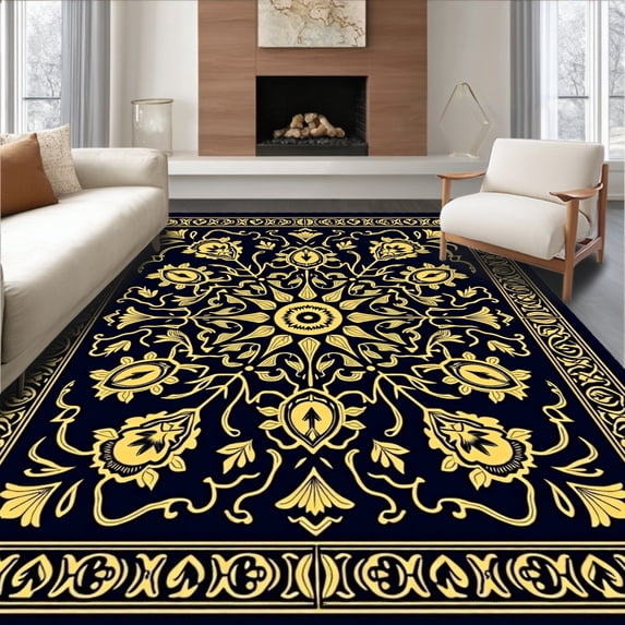 ODIKA 4'x6' Machine Washable Non-Slip Area Rug, Vintage Tapestry with Ornate Fringe Detail High Traffic Rug with Pad, Black, 570315