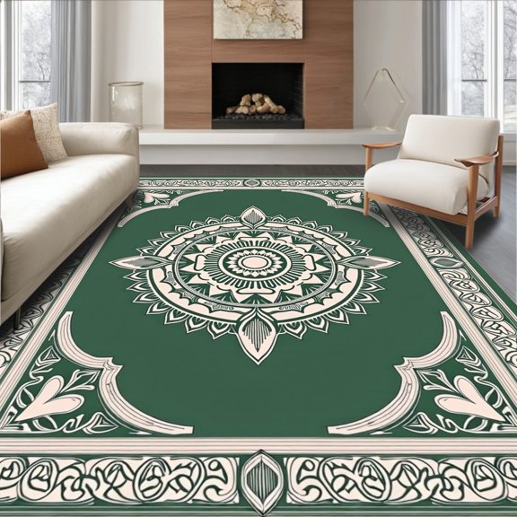 ODIKA 4x6 Machine Washable Non-Slip Area Rug, Vintage with Latticework Filigree High Traffic Rug, Green, 561410