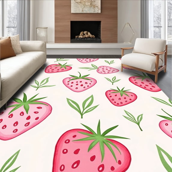 ODIKA 4'x6' Machine Washable Non-Slip Area Rug, Watercolor Berry Burst Non Slip Bath Sweet Fruit Design Absorbent High Traffic Rug with Pad, Pink, 682407