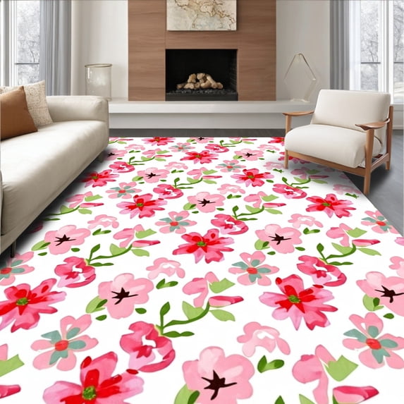 ODIKA 4'x6' Machine Washable Non-Slip Area Rug, Watercolor Bloom Garden with Petal High Traffic Rug with Pad, Pink, 497535