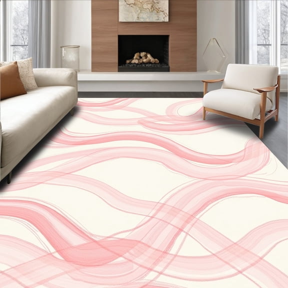 ODIKA 4'x6' Machine Washable Non-Slip Area Rug, Watercolor Brushstroke Abstract Flowing Waves High Traffic Rug, Pink, 463217