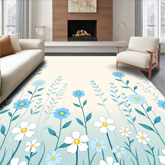 ODIKA 4'x6' Machine Washable Non-Slip Area Rug, Watercolor Meadow Bloom with Pastel Wildflower Print High Traffic Rug, Blue, 522381