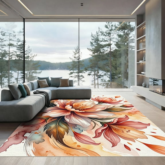 ODIKA 4'x6' Machine Washable Non-Slip Area Rug, Watercolor Peach High Traffic Rug, Orange, 1018011