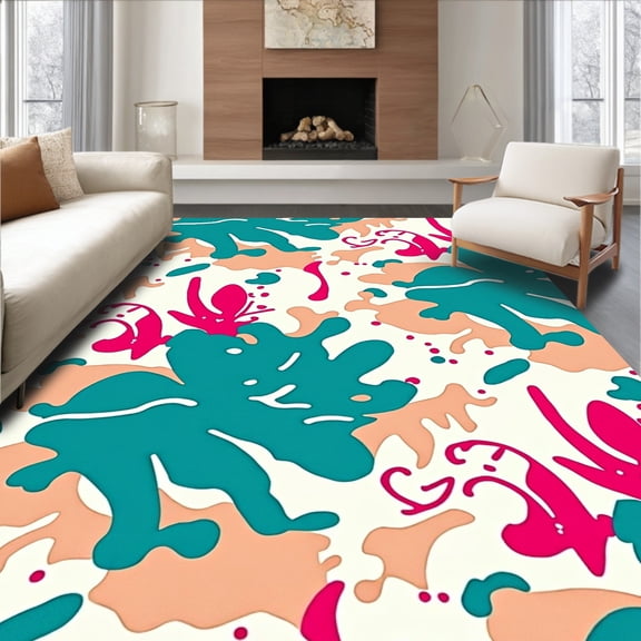 ODIKA 4'x6' Machine Washable Non-Slip Area Rug, Watercolor Splash Abstract Artistic Eclectic Vibrant High Traffic Rug, Blue, 664286