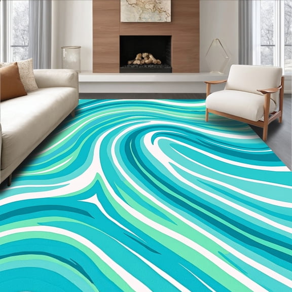 ODIKA 4'x6' Machine Washable Non-Slip Area Rug, Wave Abstract High Traffic Rug, Turquoise, 664259