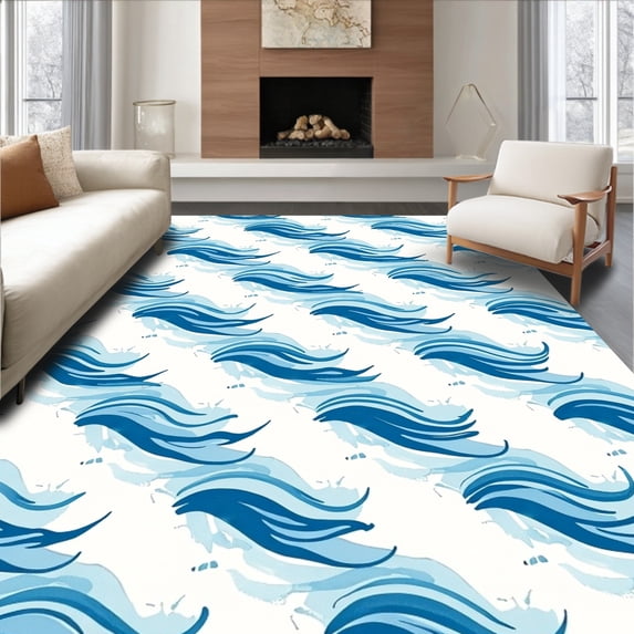 ODIKA 4'x6' Machine Washable Non-Slip Area Rug, Wave Artistry Handwoven Rag High Traffic Rug, Blue, 599434