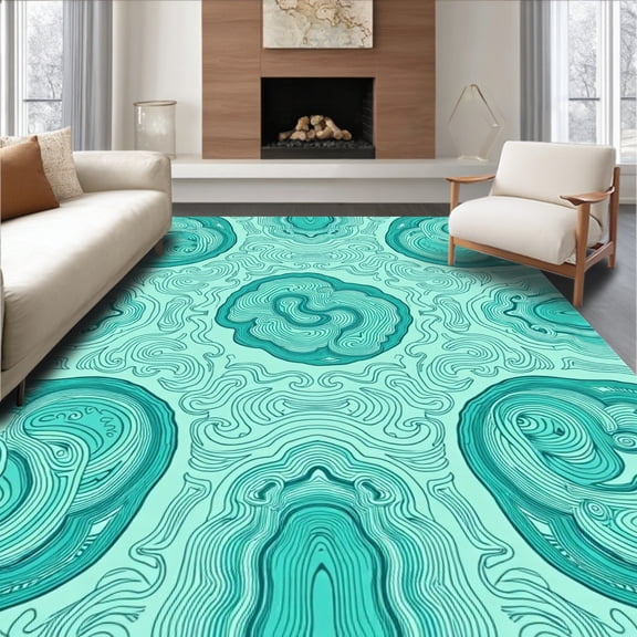 ODIKA 4'x6' Machine Washable Non-Slip Area Rug, Wave Medallion Design with Ocean Inspired High Traffic Rug with Pad, Blue, 474907