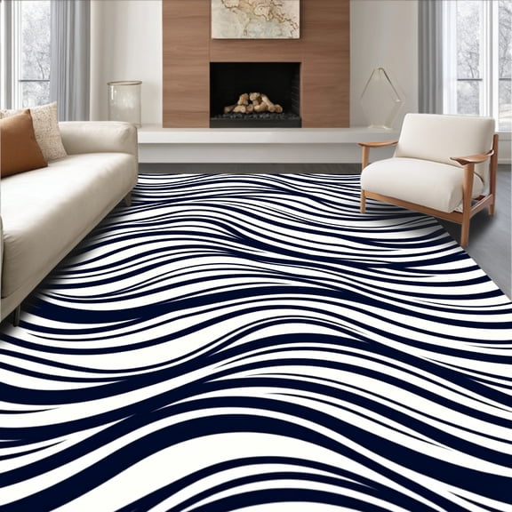 ODIKA 4'x6' Machine Washable Non-Slip Area Rug, Wave Ripple Striped Reversible Portable Camping Floor High Traffic Rug, Black, 716123