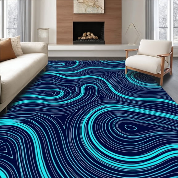 ODIKA 4'x6' Machine Washable Non-Slip Area Rug, Waves Nautical Symphony High Traffic Rug, Blue, 462174