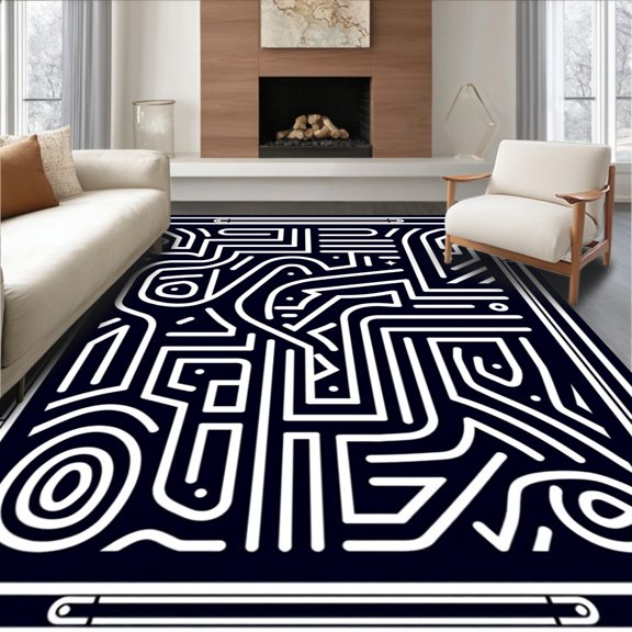 ODIKA 4'x6' Machine Washable Non-Slip Area Rug, Wavescape Maze with Nautical Stripes and Abstract Border Motifs High Traffic Rug, Black, 716127