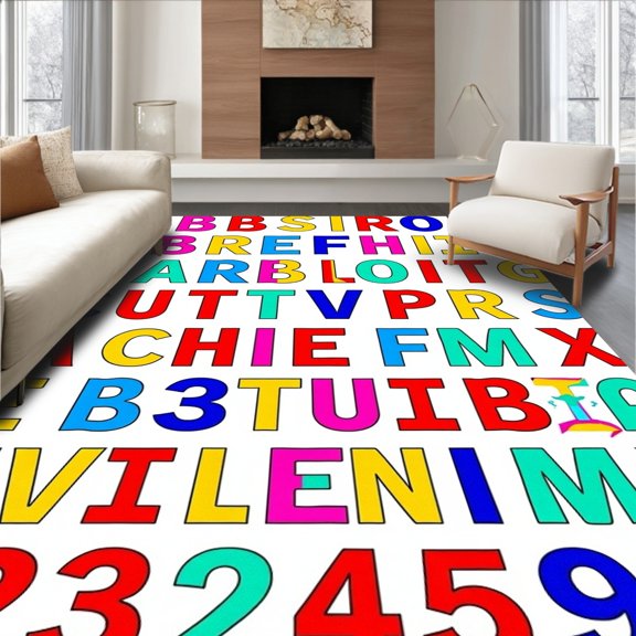 ODIKA 4'x6' Machine Washable Non-Slip Area Rug, Whimsical ABC Blocks Patterned with Fun Letter Illustrations High Traffic Rug, Red, 689885