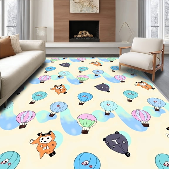 ODIKA 4'x6' Machine Washable Non-Slip Area Rug, Whimsical Adventure Flying Creatures Pastel Journey Decorative Art High Traffic Rug, Beige, 682604