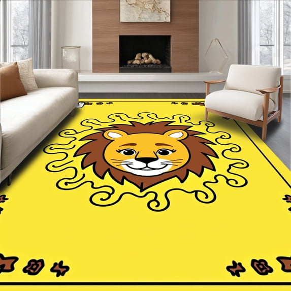 ODIKA 4'x6' Machine Washable Non-Slip Area Rug, Whimsical African Wildlife Crawling Surface Featuring Friendly Beast High Traffic Rug, Yellow, 720361