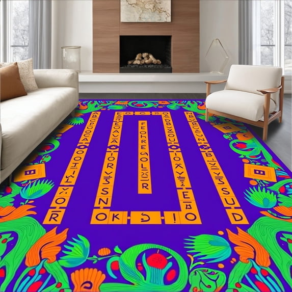 ODIKA 4'x6' Machine Washable Non-Slip Area Rug, Whimsical Alphabet Safari Play Featuring Exotic Animal Motifs High Traffic Rug with Pad, Purple, 681012