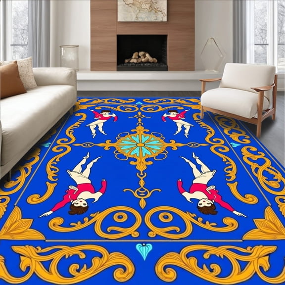ODIKA 4'x6' Machine Washable Non-Slip Area Rug, Whimsical Ballet Poses Framed by Ornate Vine Hook Design High Traffic Rug, Blue, 645921