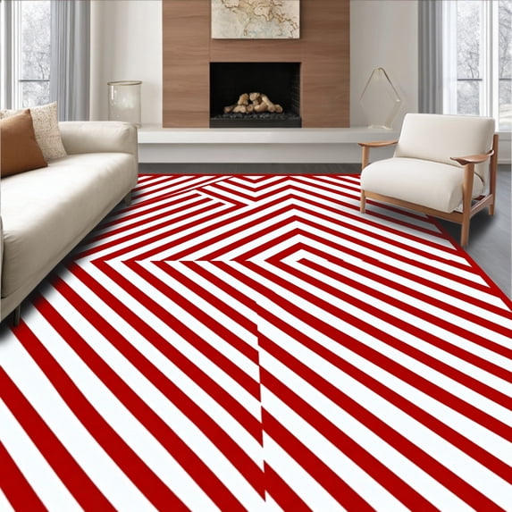 ODIKA 4'x6' Machine Washable Non-Slip Area Rug, Whimsical Cane Stripe Chevron Xmas Pair High Traffic Rug with Pad, Red, 627558