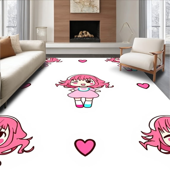 ODIKA 4'x6' Machine Washable Non-Slip Area Rug, Whimsical Cartoon Girl Bathroom Doormat Absorbent High Traffic Rug, Pink, 655697