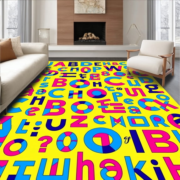 ODIKA 4'x6' Machine Washable Non-Slip Area Rug, Whimsical Educational with Mixed Letters Numbers and Abstract Shapes High Traffic Rug with Pad, Yellow, 686625