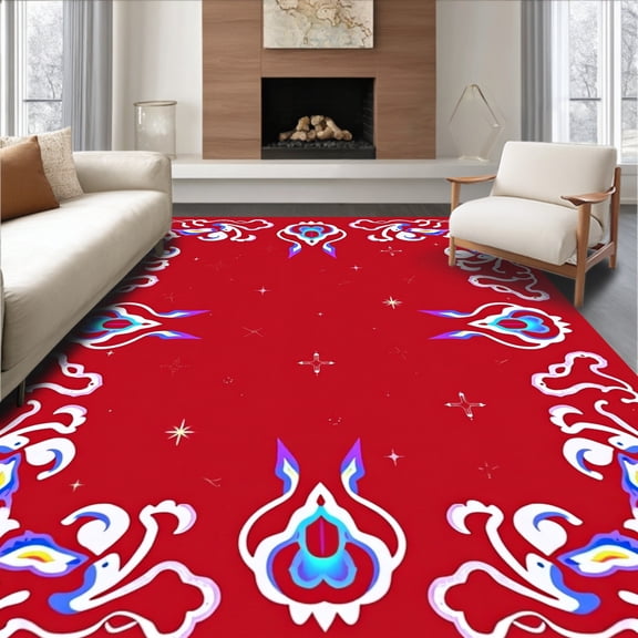 ODIKA 4'x6' Machine Washable Non-Slip Area Rug, Whimsical Fantasy Creature Shag with Magical Horn Motifs High Traffic Rug, Red, 489044