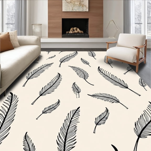 ODIKA 4'x6' Machine Washable Non-Slip Area Rug, Whimsical Feather Sketch Artistic Accent With Nature Motifs High Traffic Rug, Beige, 590492