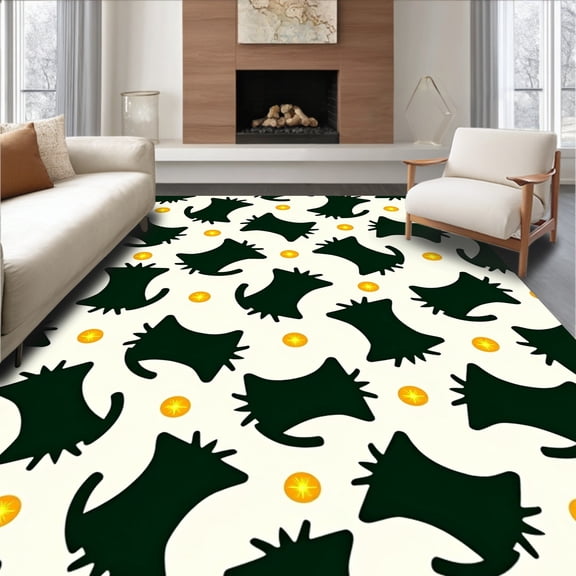 ODIKA 4x6 Machine Washable Non-Slip Area Rug, Whimsical Feline with Twinkling LED String Lights High Traffic Rug with Pad, Green, 610136