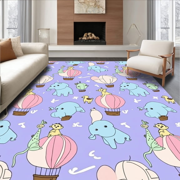 ODIKA 4'x6' Machine Washable Non-Slip Area Rug, Whimsical Floating Adventure Sky Journey Playful Friends Voyage High Traffic Rug, Purple, 682652