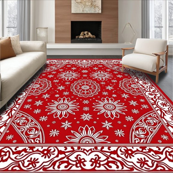 ODIKA 4'x6' Machine Washable Non-Slip Area Rug, Whimsical Frosted Medallion Motif with Gilded Highlights High Traffic Rug, Red, 616846