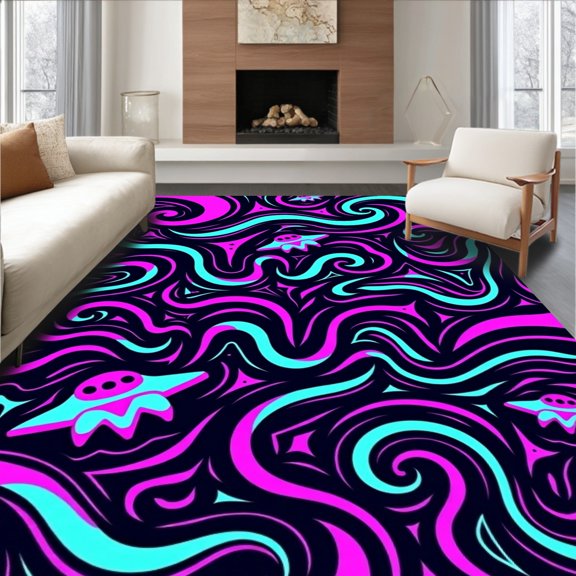 ODIKA 4'x6' Machine Washable Non-Slip Area Rug, Whimsical Galaxy with Swirling Nebulas and Playful Alien Spaceships High Traffic Rug, Pink, 723703